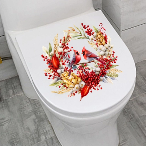 Adesivo Ghirlanda Natalizia con Uccelli Cardinali Impermeabile Autoadesivo in PVC per Coperchio WC Bagno Decorazione Parete Ornamento Festivo