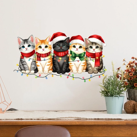 Christmas Cat Wall Stickers PVC Waterproof Removable Santa Hat Kitten Decals For Living Room Bedroom Festive Decoration