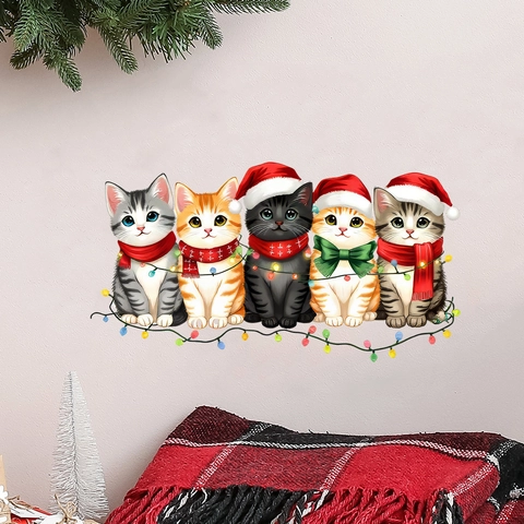 Christmas Cat Wall Stickers PVC Waterproof Removable Santa Hat Kitten Decals For Living Room Bedroom Festive Decoration