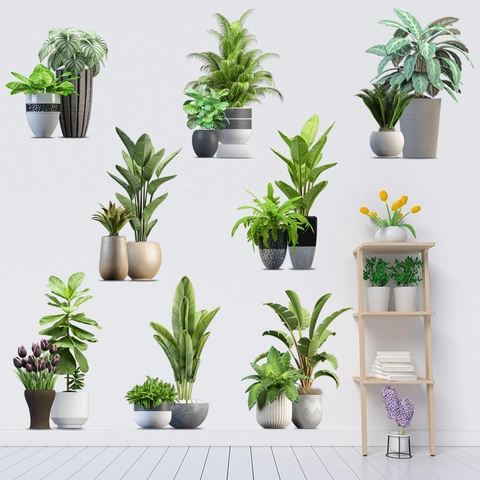 Pegatinas De Pared 3D Plantas Verdes Moderno Minimalista Impermeable PVC Plantas En Macetas Murales Para Dormitorio Sala De Estar