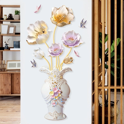 Adesivo da Parete a Rilievo 3D Vaso Fiori Impermeabile Rimovibile PVC Decalcomania per Soggiorno Camera da Letto