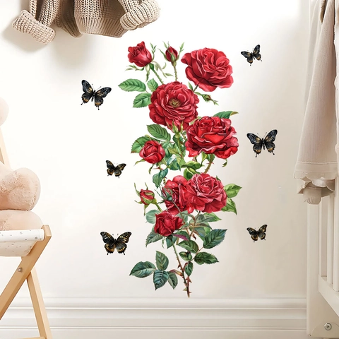 Abnehmbare Wasserdichte PVC Wandaufkleber Mit Roten Rosen Und Schmetterlingen Für Wohnzimmer Schlafzimmer Flur Heimdekor Blumen Wandbild