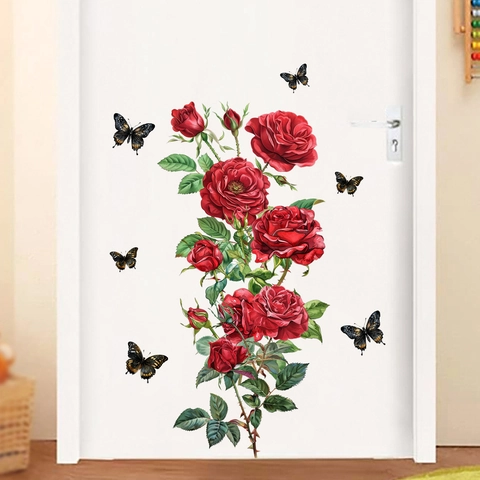 Abnehmbare Wasserdichte PVC Wandaufkleber Mit Roten Rosen Und Schmetterlingen Für Wohnzimmer Schlafzimmer Flur Heimdekor Blumen Wandbild