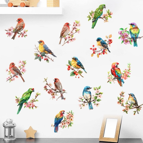 Realistische Aquarel Vogels En Bloemen Muurstickers Waterdicht PVC Verwijderbare Decoratie Voor Woonkamer Slaapkamer Raam Glas
