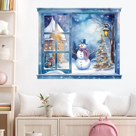 3D Venster Uitzicht Kerst Muursticker Winter Sneeuwpop Kerstboom Sneeuwscène Aquarel PVC Zelfklevend Huis Muurschildering