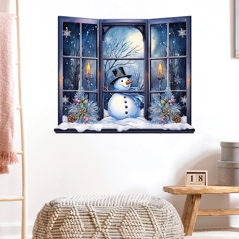 Pegatina de Pared 3D Vista de Ventana Muñeco de Nieve de Navidad PVC Impermeable Removible Decoración de Invierno Para Hogar