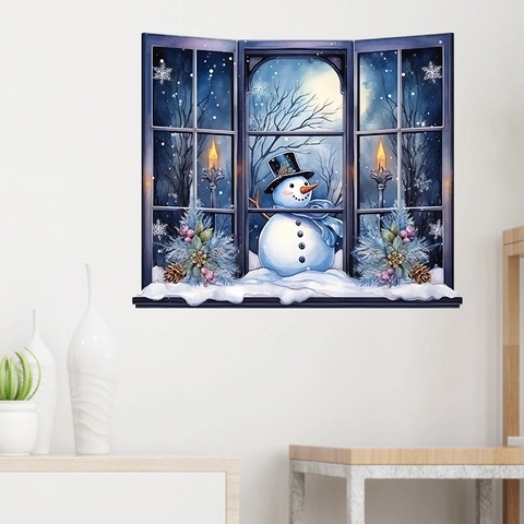 Pegatina de Pared 3D Vista de Ventana Muñeco de Nieve de Navidad PVC Impermeable Removible Decoración de Invierno Para Hogar