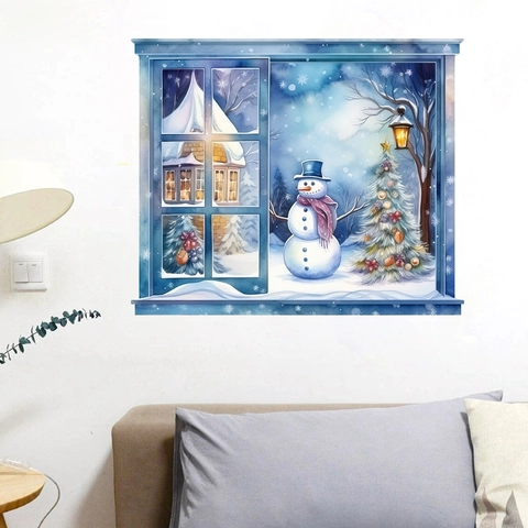 3D Venster Uitzicht Kerst Muursticker Winter Sneeuwpop Kerstboom Sneeuwscène Aquarel PVC Zelfklevend Huis Muurschildering