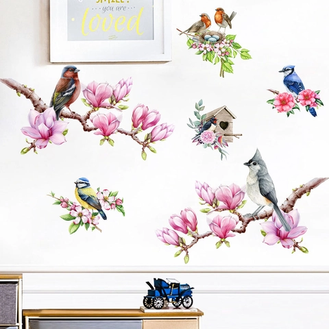 Watercolor Birds And Magnolia Flower Branches Wall Sticker Removable PVC Birdhouse Nest Decal For Living Room Bedroom Decor