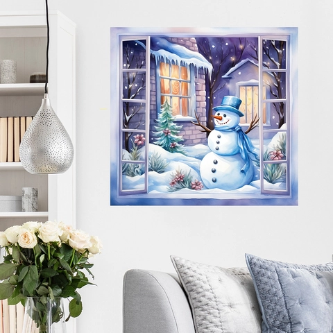 Adhesivo de Pared de Ventana de Muñeco de Nieve Navidad PVC Impermeable Autoadhesivo Paisaje Invernal Decoración para Hogar