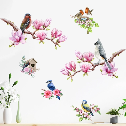 Watercolor Birds And Magnolia Flower Branches Wall Sticker Removable PVC Birdhouse Nest Decal For Living Room Bedroom Decor
