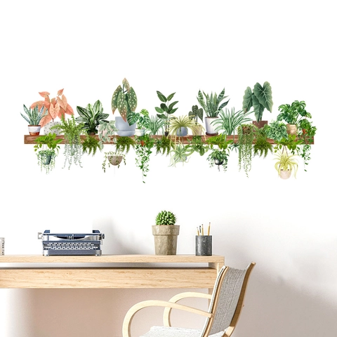 Pegatina de Pared de Planta Verde en Maceta de PVC Impermeable Acuarela a Mano Calcomanía de Pared de Hojas para Hogar