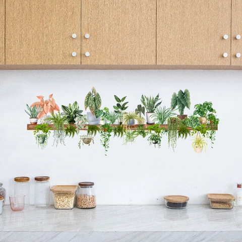 Pegatina de Pared de Planta Verde en Maceta de PVC Impermeable Acuarela a Mano Calcomanía de Pared de Hojas para Hogar