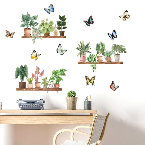 Topfpflanzen Grün Schmetterling Wandaufkleber Wasserdicht PVC Abnehmbar Wandtattoo Für Wohnzimmer Schlafzimmer Küche Dekor
