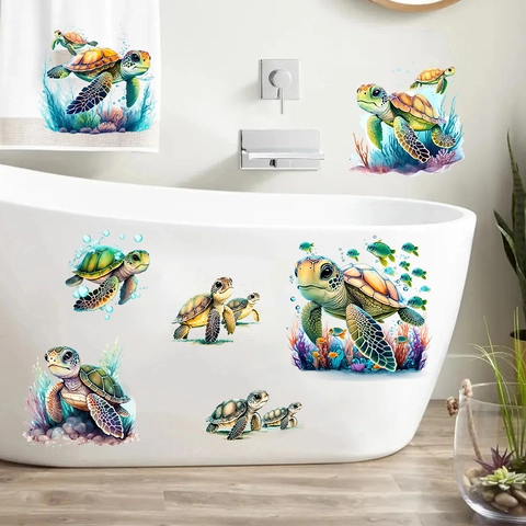Aquarel Zeeschildpad Zeewier Muurstickers Waterdicht PVC Verwijderbare Onderwaterwereld Stickers Voor Badkamer Kinderkamer Decoratie