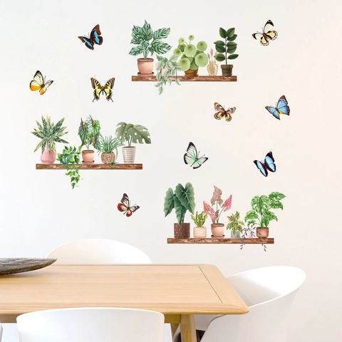 Topfpflanzen Grün Schmetterling Wandaufkleber Wasserdicht PVC Abnehmbar Wandtattoo Für Wohnzimmer Schlafzimmer Küche Dekor