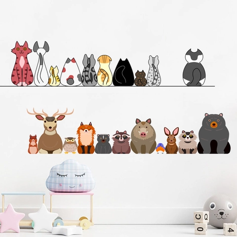 Cartoon Forest Animals Wall Sticker Waterproof PVC DIY Cats Deer Bear Removable Decal For Kids Room Living Room Bedroom Home Decor