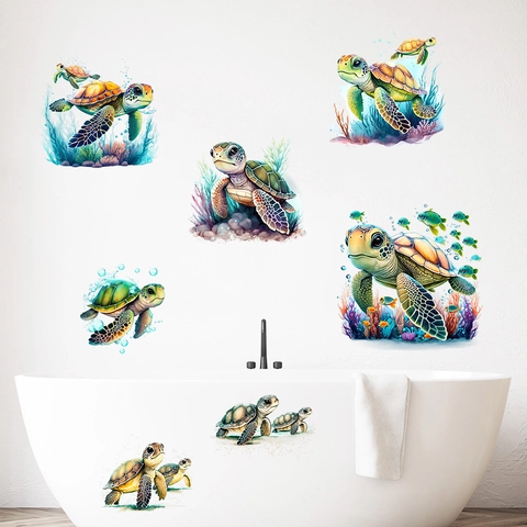 Aquarel Zeeschildpad Zeewier Muurstickers Waterdicht PVC Verwijderbare Onderwaterwereld Stickers Voor Badkamer Kinderkamer Decoratie