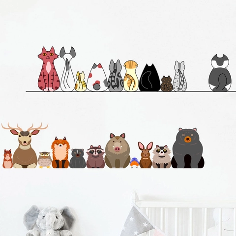 Cartoon Forest Animals Wall Sticker Waterproof PVC DIY Cats Deer Bear Removable Decal For Kids Room Living Room Bedroom Home Decor