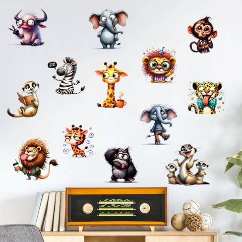 Cartoon Animal Wall Stickers Waterproof PVC Giraffe Lion Elephant Monkey Decals For Kids Room Bedroom Nursery Wall Decor