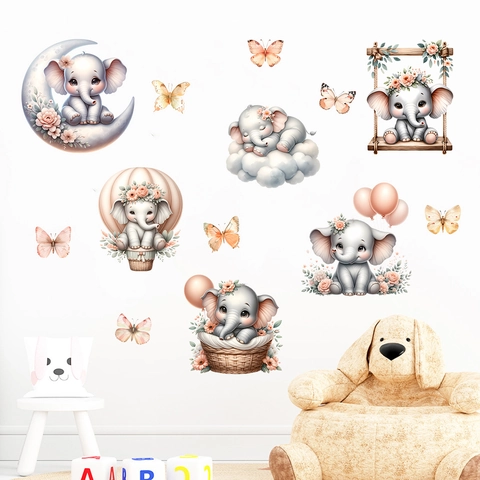 Cartoon Olifant Muurstickers Luchtballon Schommel Vlinders PVC Waterdicht Decoratie Voor Kinderkamer Slaapkamer