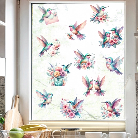Hummingbird Flower Wall Stickers PVC Waterproof Watercolor Bird Window Clings For Living Room Bedroom Bathroom Home Decor