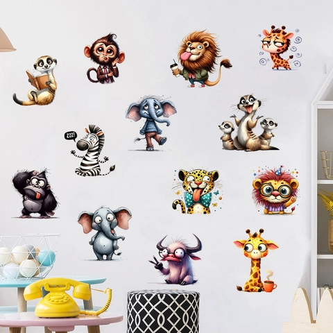 Cartoon Animal Wall Stickers Waterproof PVC Giraffe Lion Elephant Monkey Decals For Kids Room Bedroom Nursery Wall Decor