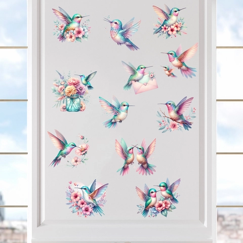 Hummingbird Flower Wall Stickers PVC Waterproof Watercolor Bird Window Clings For Living Room Bedroom Bathroom Home Decor