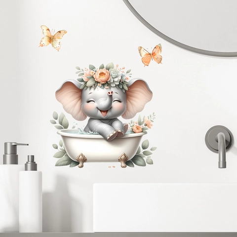 Schattige Cartoon Baby Olifant Baden In Bad Muursticker Waterdicht PVC Vlinder Bloemen Voor Badkamer Toilet Decoratie