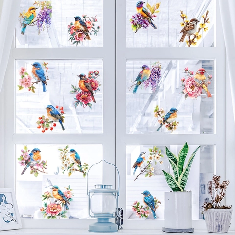 Watercolor Birds Flowers Wall Stickers PVC Waterproof Branches Window Clings For Living Room Bedroom Bathroom Home Decor