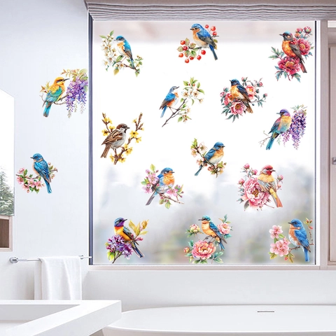 Watercolor Birds Flowers Wall Stickers PVC Waterproof Branches Window Clings For Living Room Bedroom Bathroom Home Decor