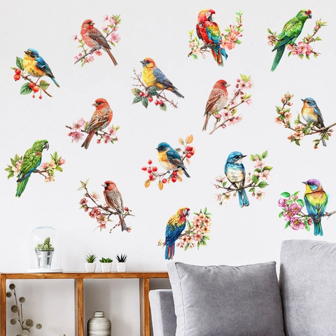 Realistische Aquarel Vogels En Bloemen Muurstickers Waterdicht PVC Verwijderbare Decoratie Voor Woonkamer Slaapkamer Raam Glas