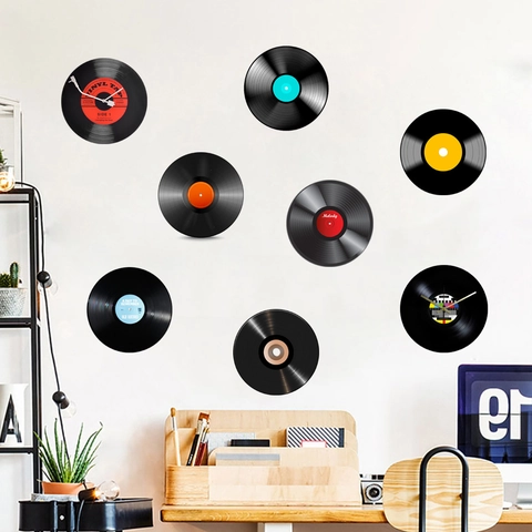 Ensemble de Stickers Muraux Disque Vinyle Rétro Vintage Autocollants Muraux en PVC Imperméable pour Salon Chambre Maison