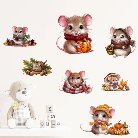 Leuke Cartoon Muis Pompoen Muurstickers Waterdicht PVC Herfst Thanksgiving Stickers Voor Kinderkamer Woonkamer Decoratie