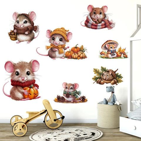 Leuke Cartoon Muis Pompoen Muurstickers Waterdicht PVC Herfst Thanksgiving Stickers Voor Kinderkamer Woonkamer Decoratie