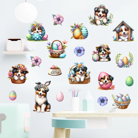 Adesivi da Parete per Cuccioli di Pasqua Set Cartone Animato Pastore Australiano con Uova Cesto di Fiori PVC Impermeabile