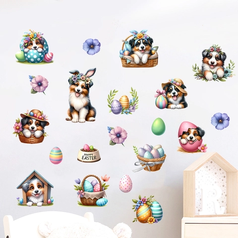 Adesivi da Parete per Cuccioli di Pasqua Set Cartone Animato Pastore Australiano con Uova Cesto di Fiori PVC Impermeabile