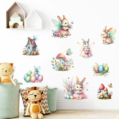 Ostern Hase Fee Wandaufkleber Wasserdicht PVC Pilz Haus Ei Aufkleber Für Kinderzimmer Schlafzimmer Wohnzimmer Haus Dekor