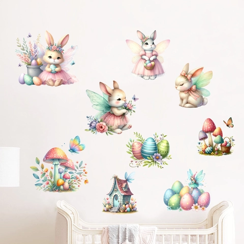 Ostern Hase Fee Wandaufkleber Wasserdicht PVC Pilz Haus Ei Aufkleber Für Kinderzimmer Schlafzimmer Wohnzimmer Haus Dekor