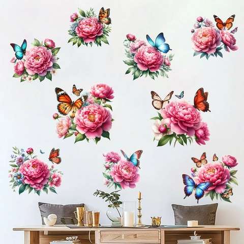 Rosa Pfingstrose Blume Schmetterling Wandtattoo Wasserdicht Selbstklebend PVC Aufkleber Für Wohnzimmer Schlafzimmer Home Deko Kunst