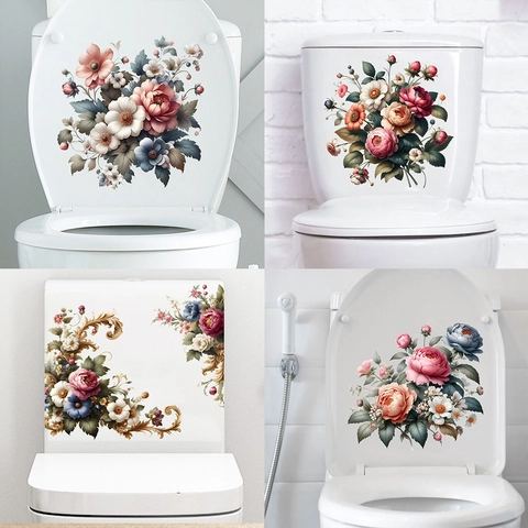 Vintage Peony Flower Toilet Lid Sticker Waterproof Self Adhesive PVC Bathroom Decal For Home Fridge Window Cabinet Decor