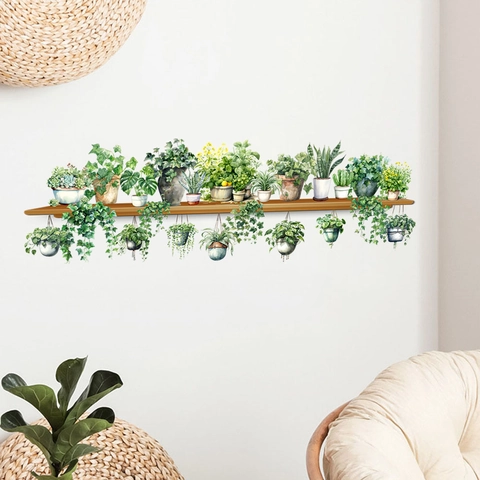 Aquarell Sukkulenten Topfpflanze Wandaufkleber Selbstklebend PVC Grüne Pflanze Holzregal Wandtattoo Für Wohnzimmer Deko