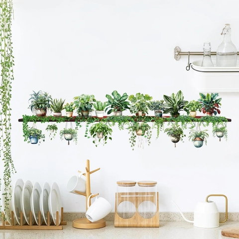 Pegatina de Pared de Acuarela de Plantas en Maceta Verdes Calcomanía de PVC de Vides Colgantes Para Decoración de Sala