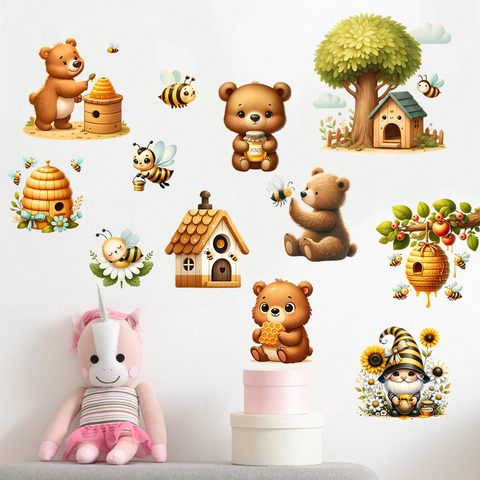 Adesivi Murali a Tema Miele di Orso e Ape Cartone Animato in PVC Impermeabile Rimovibili Girasole Casetta sull'Albero Decor