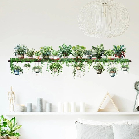 Pegatina de Pared de Acuarela de Plantas en Maceta Verdes Calcomanía de PVC de Vides Colgantes Para Decoración de Sala