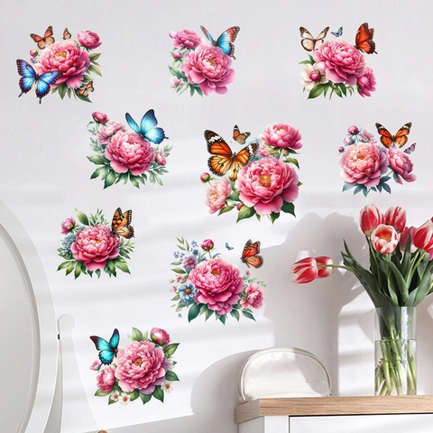 Rosa Pfingstrose Blume Schmetterling Wandtattoo Wasserdicht Selbstklebend PVC Aufkleber Für Wohnzimmer Schlafzimmer Home Deko Kunst