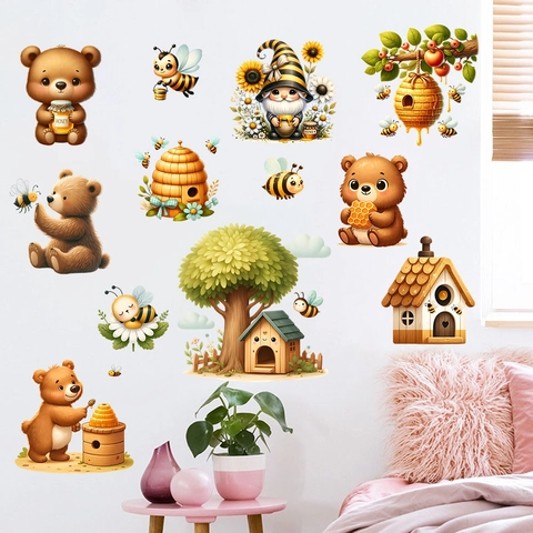 Adesivi Murali a Tema Miele di Orso e Ape Cartone Animato in PVC Impermeabile Rimovibili Girasole Casetta sull'Albero Decor