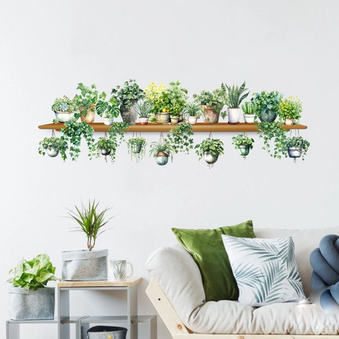Aquarell Sukkulenten Topfpflanze Wandaufkleber Selbstklebend PVC Grüne Pflanze Holzregal Wandtattoo Für Wohnzimmer Deko
