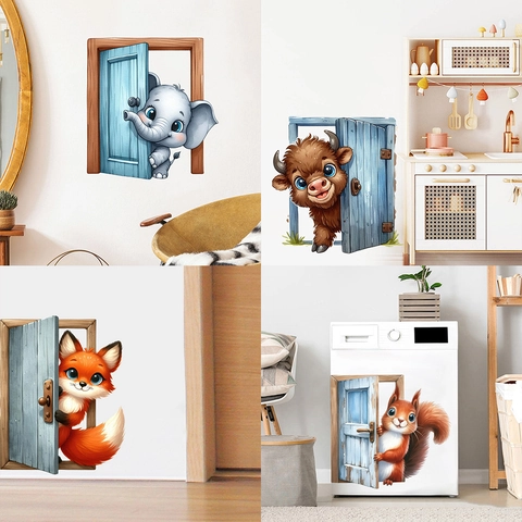 Pegatinas Pared Animales Dibujos Animados 3D Elefante Vaca Zorro Ardilla Adhesivos Puerta PVC Impermeable Decoración Hogar