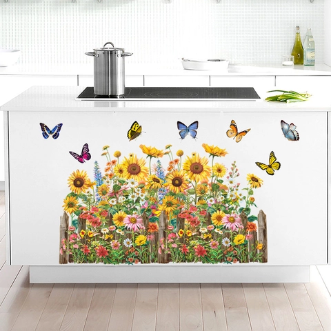 Pegatinas de Pared Impermeables Girasol Mariposa Valla PVC Floral Jardín Calcomanía para Sala de Estar Dormitorio Cocina Hogar